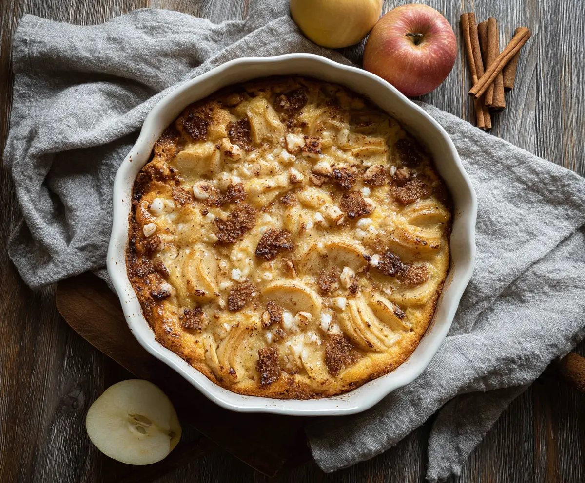 Delicious Apple Cinnamon Cottage Cheese Bake served in a baking dish topped with fresh apple slices.