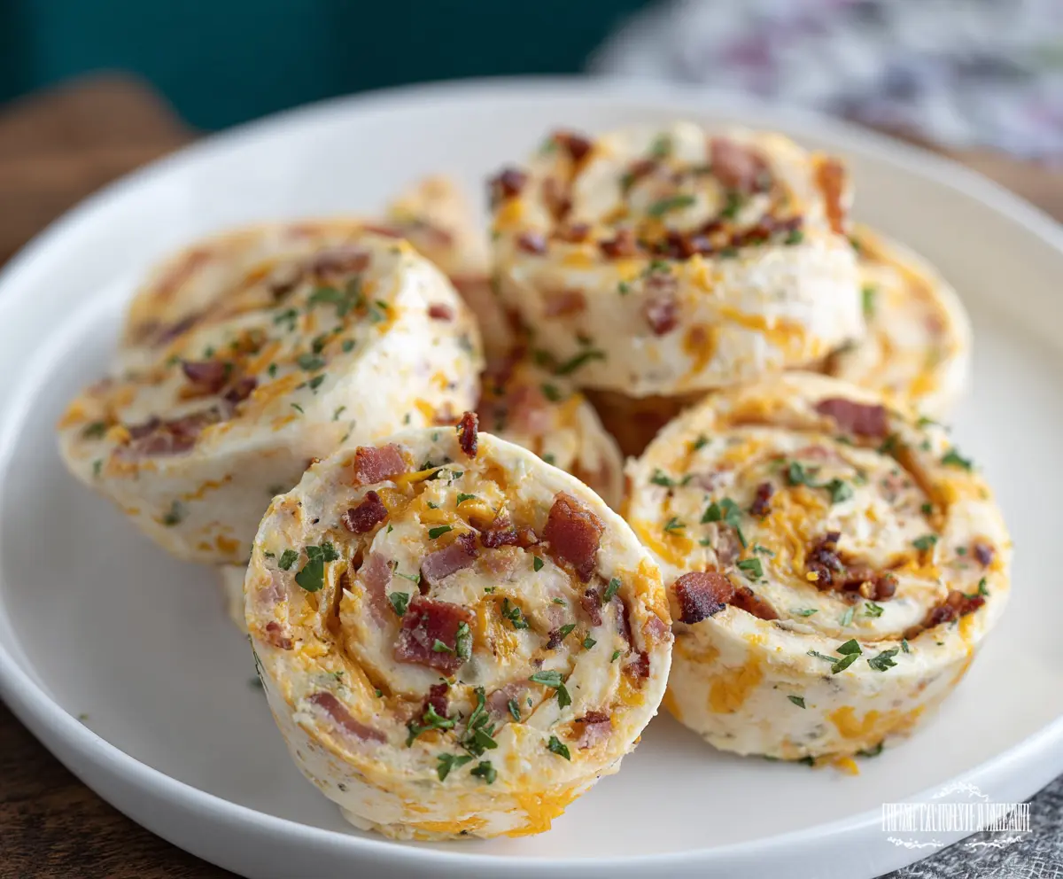 Delicious Bacon Cheddar Ranch Pinwheels sliced and ready to serve as a savory appetizer.