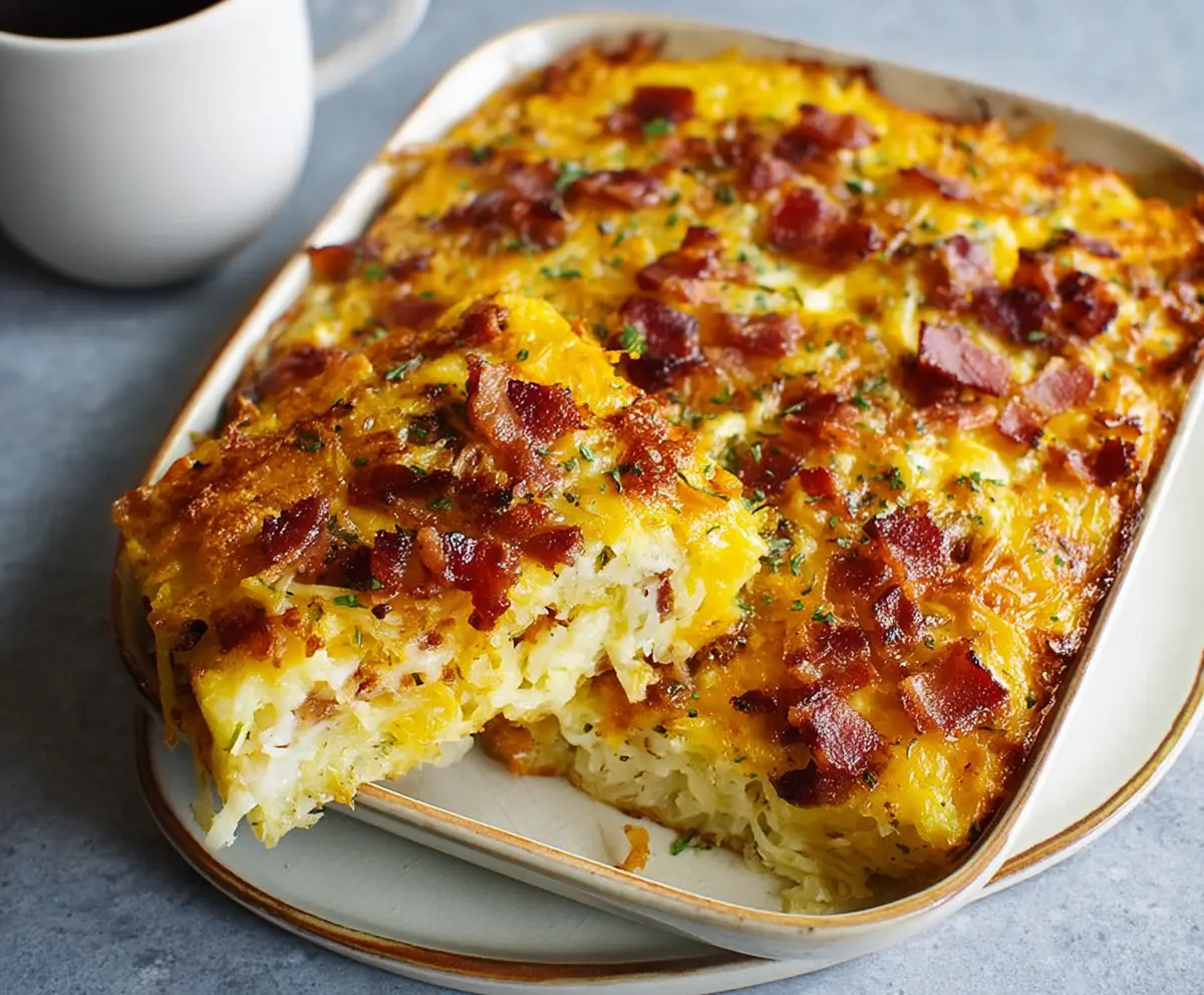 Delicious bacon, egg, and hashbrown casserole served hot for breakfast or brunch.