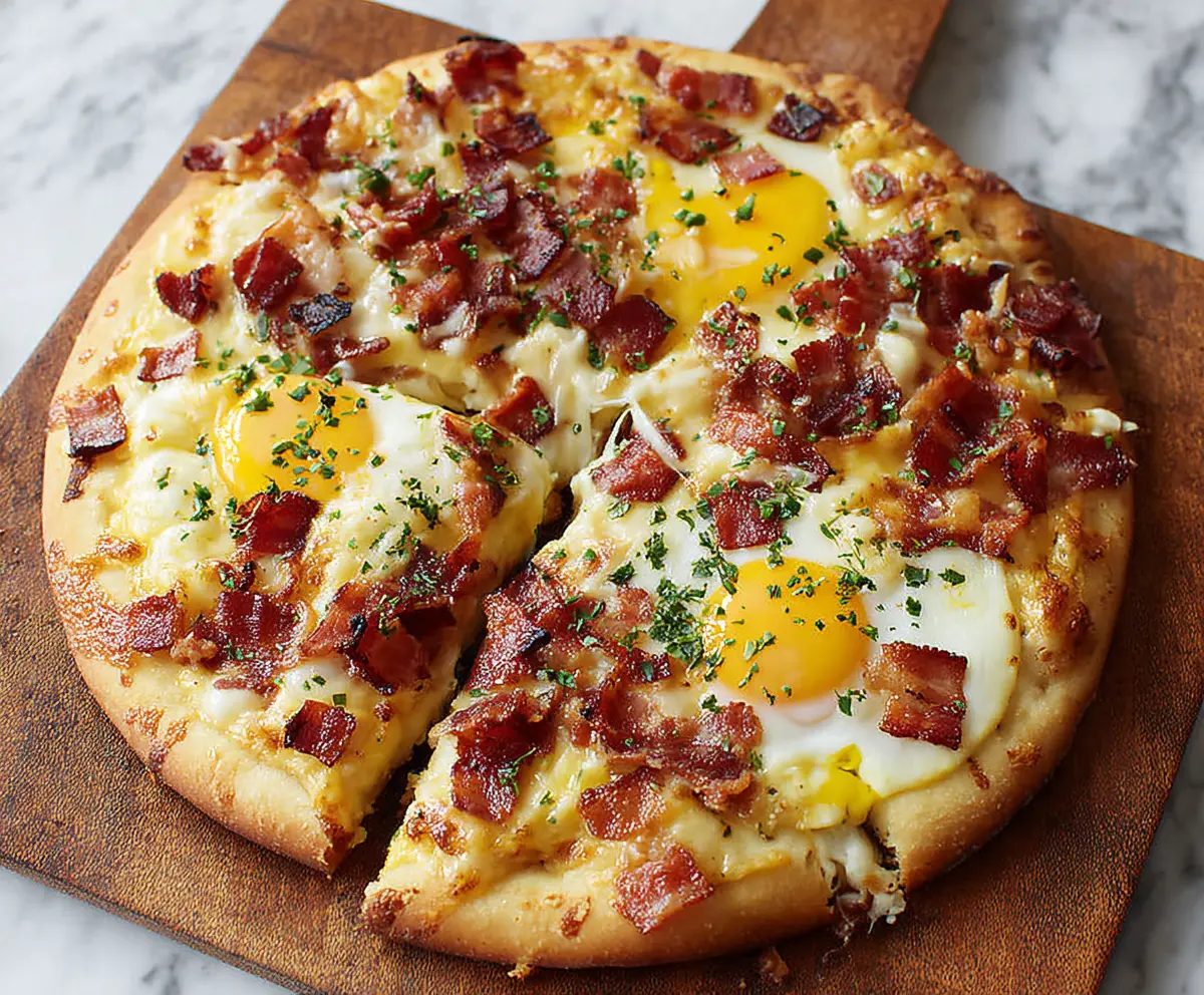 Delicious bacon and scrambled eggs breakfast pizza on a wooden plate.