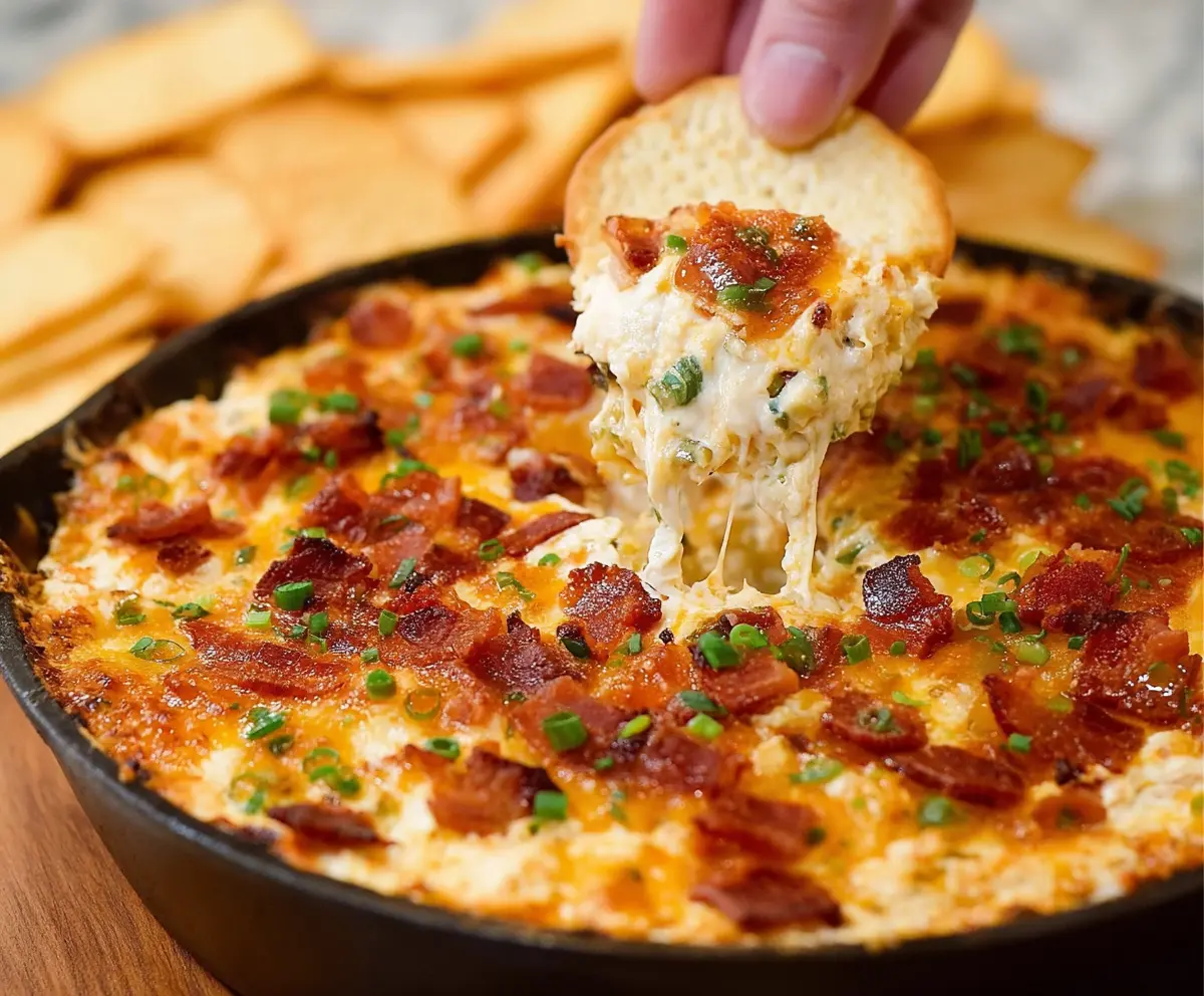 Bacon jalapeño popper dip in a bowl, garnished with chopped bacon and jalapeños for a spicy appetizer.
