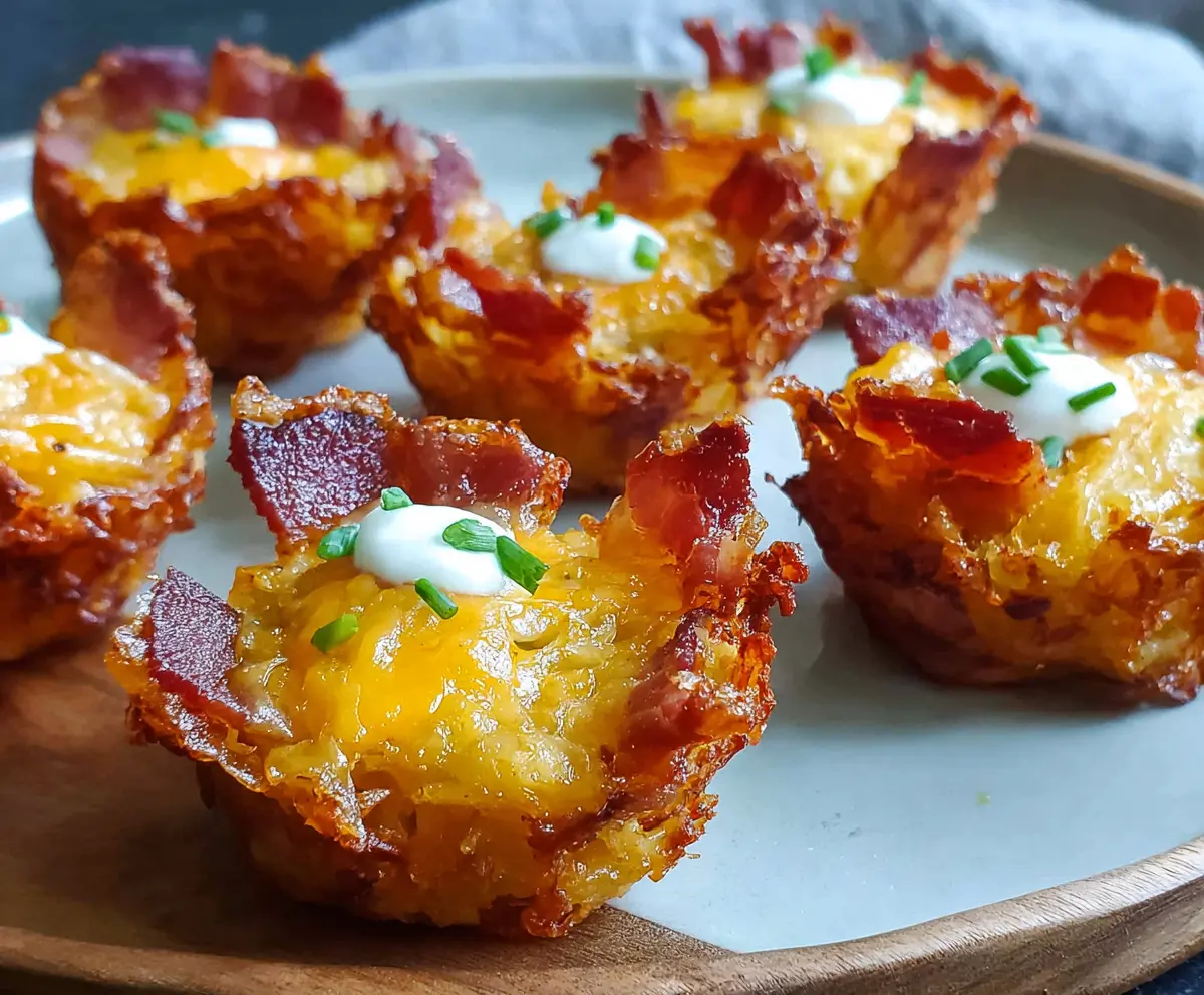 Delicious bacon tater tot cups with crispy bacon and melted cheese on top.