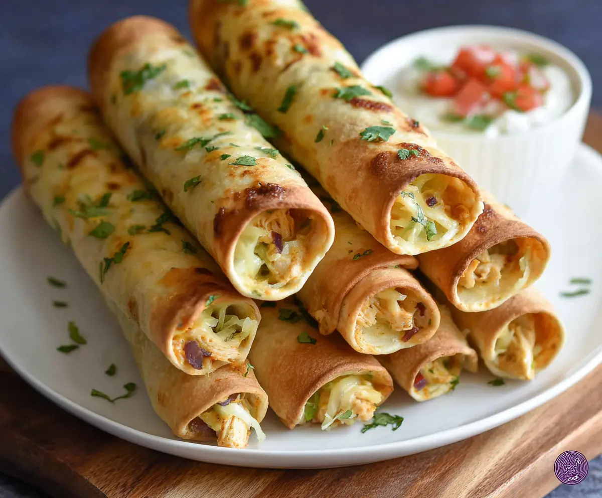 Delicious baked chicken taquitos crispy and golden, perfect for a tasty snack or appetizer.