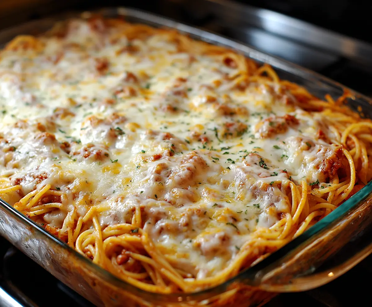Delicious baked cream cheese spaghetti casserole topped with melted cheese and herbs.