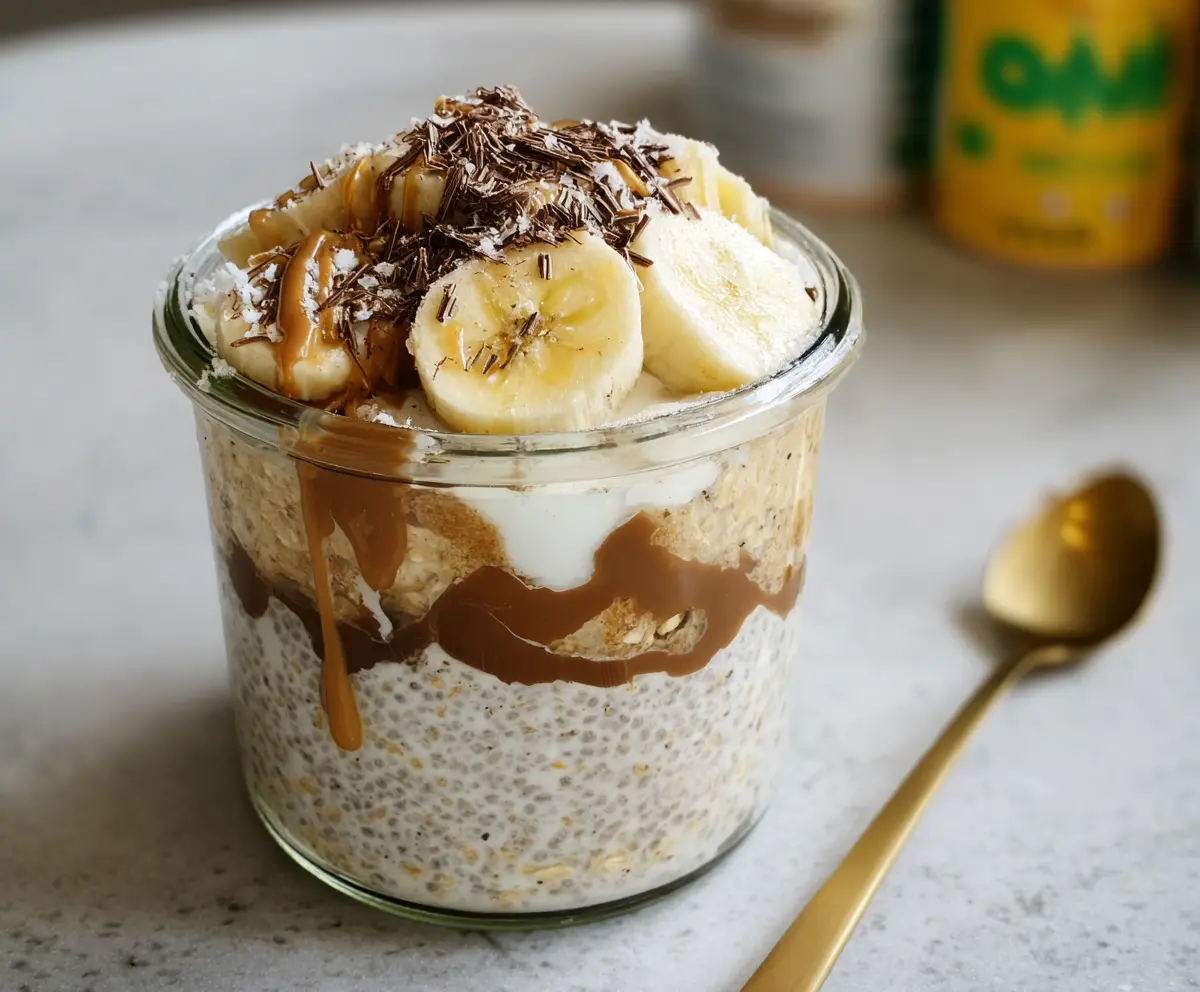 Delicious Banoffee Pie Overnight Oats topped with whipped cream and caramel slices