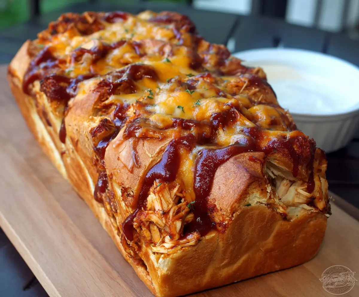 Delicious BBQ Chicken Pull Apart Bread served hot with melted cheese and barbecue sauce.