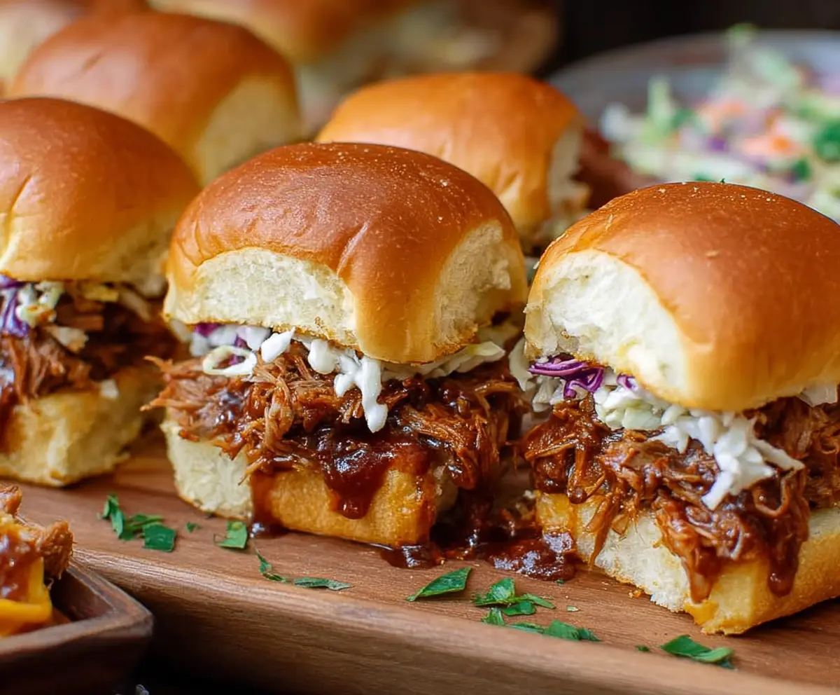 Delicious BBQ pulled pork sliders served on soft Hawaiian rolls with savory sauce and melted cheese.