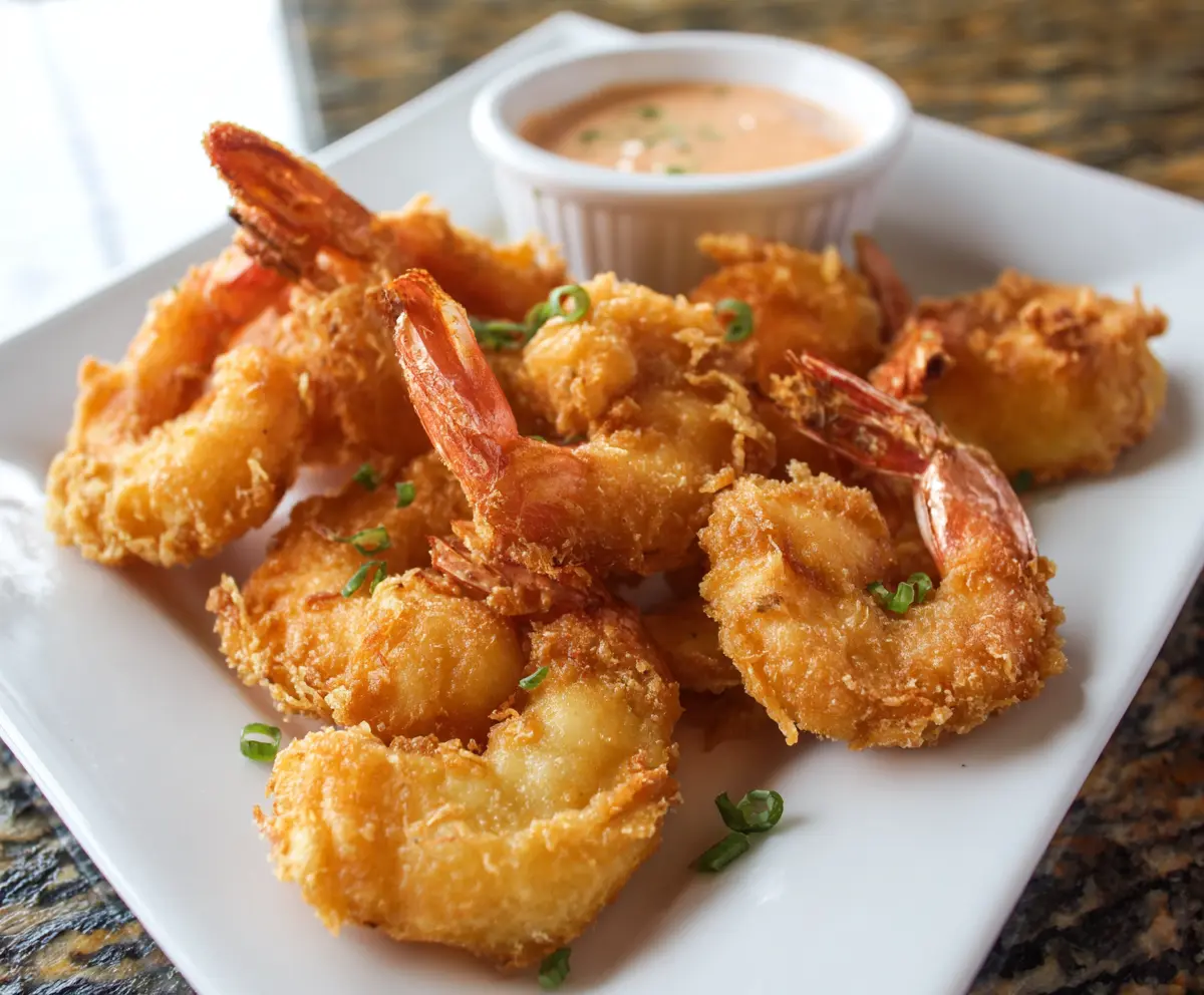 Crispy beer batter fried shrimp served with lemon and dipping sauce on a white plate