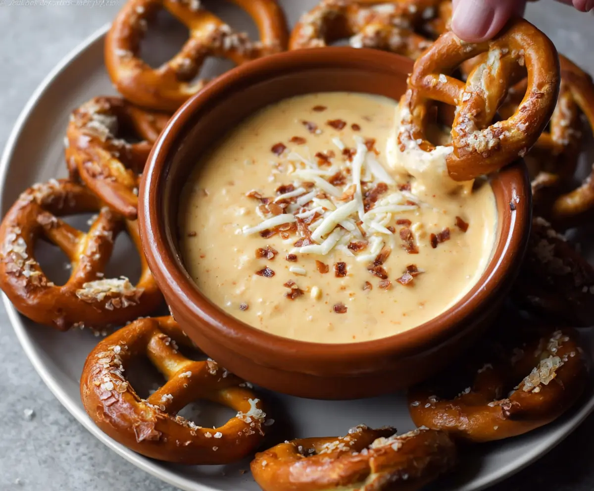 Creamy beer cheese dip served with crunchy pretzels, perfect for game night or parties.