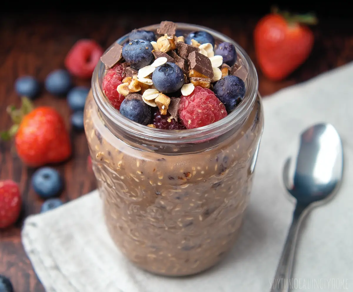 Delicious Berry Chocolate Overnight Oats served in a glass jar with fresh berries and chocolate shavings.