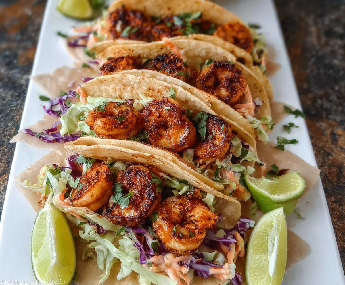 Delicious blackened shrimp tacos with fresh toppings served on a plate