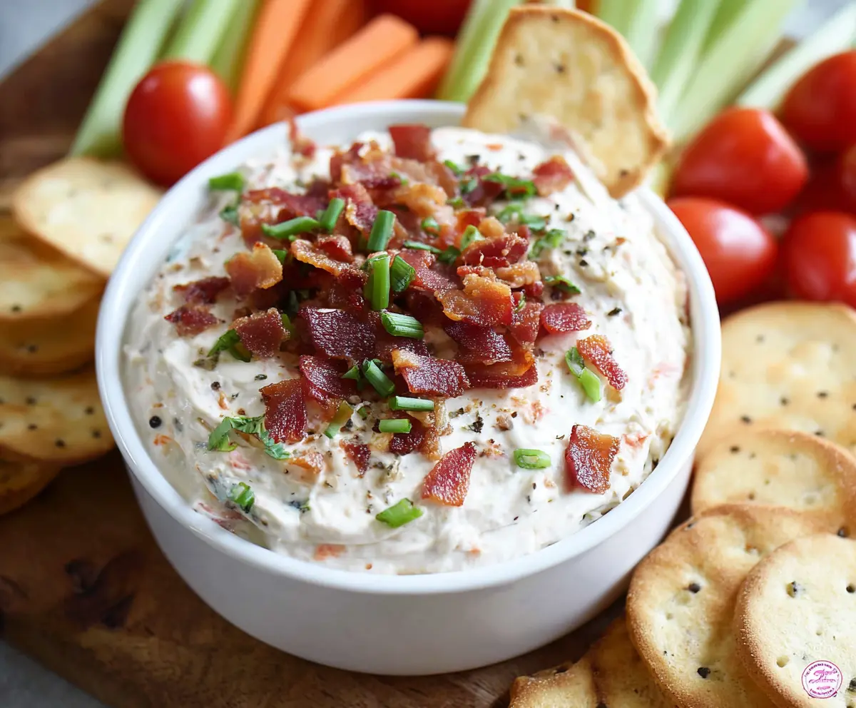 Delicious BLT dip with crispy bacon, fresh lettuce, and creamy cream cheese served as an appetizer.