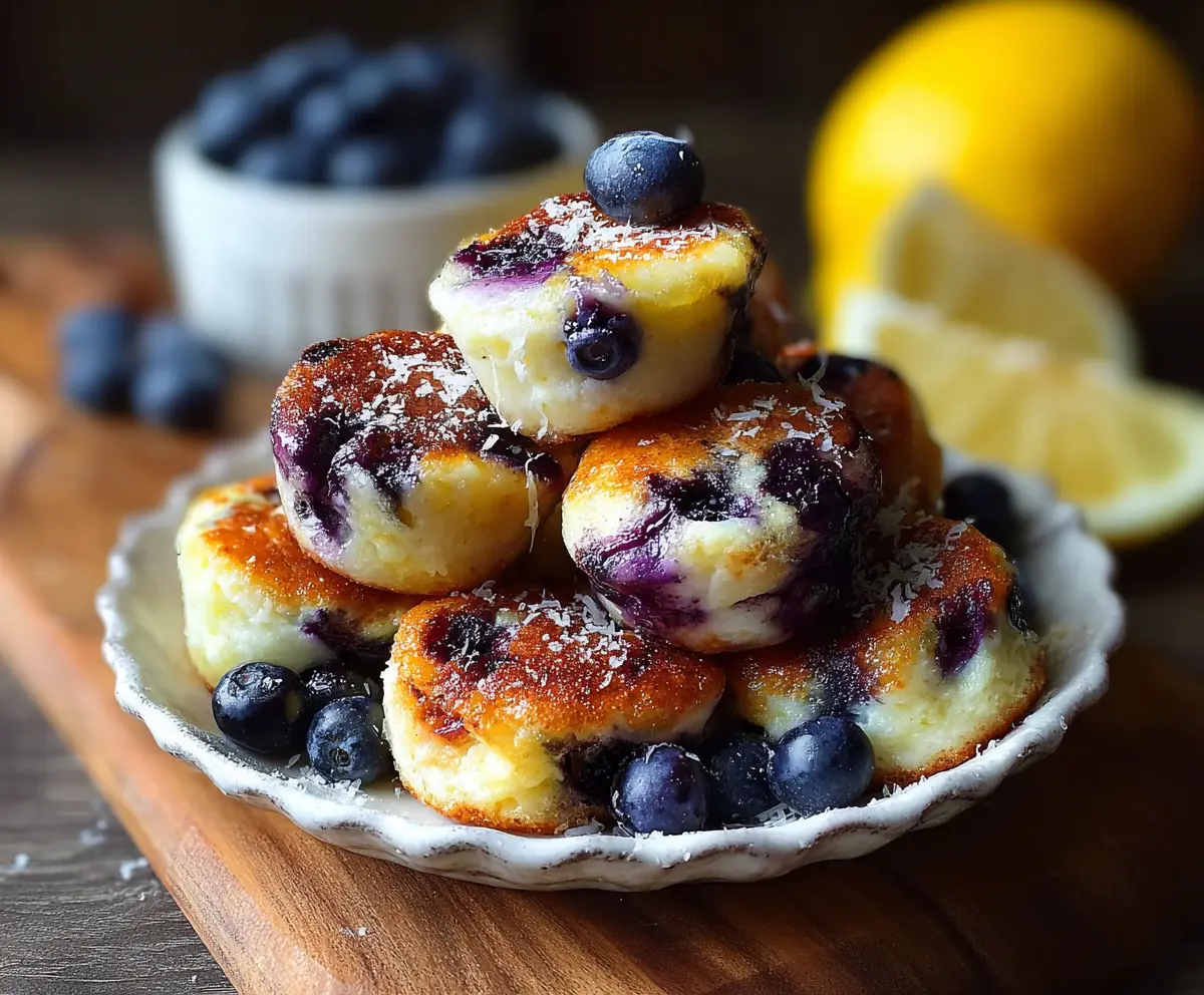Delicious blueberry lemon cottage cheese pancake bites served on a plate, perfect for breakfast or brunch.