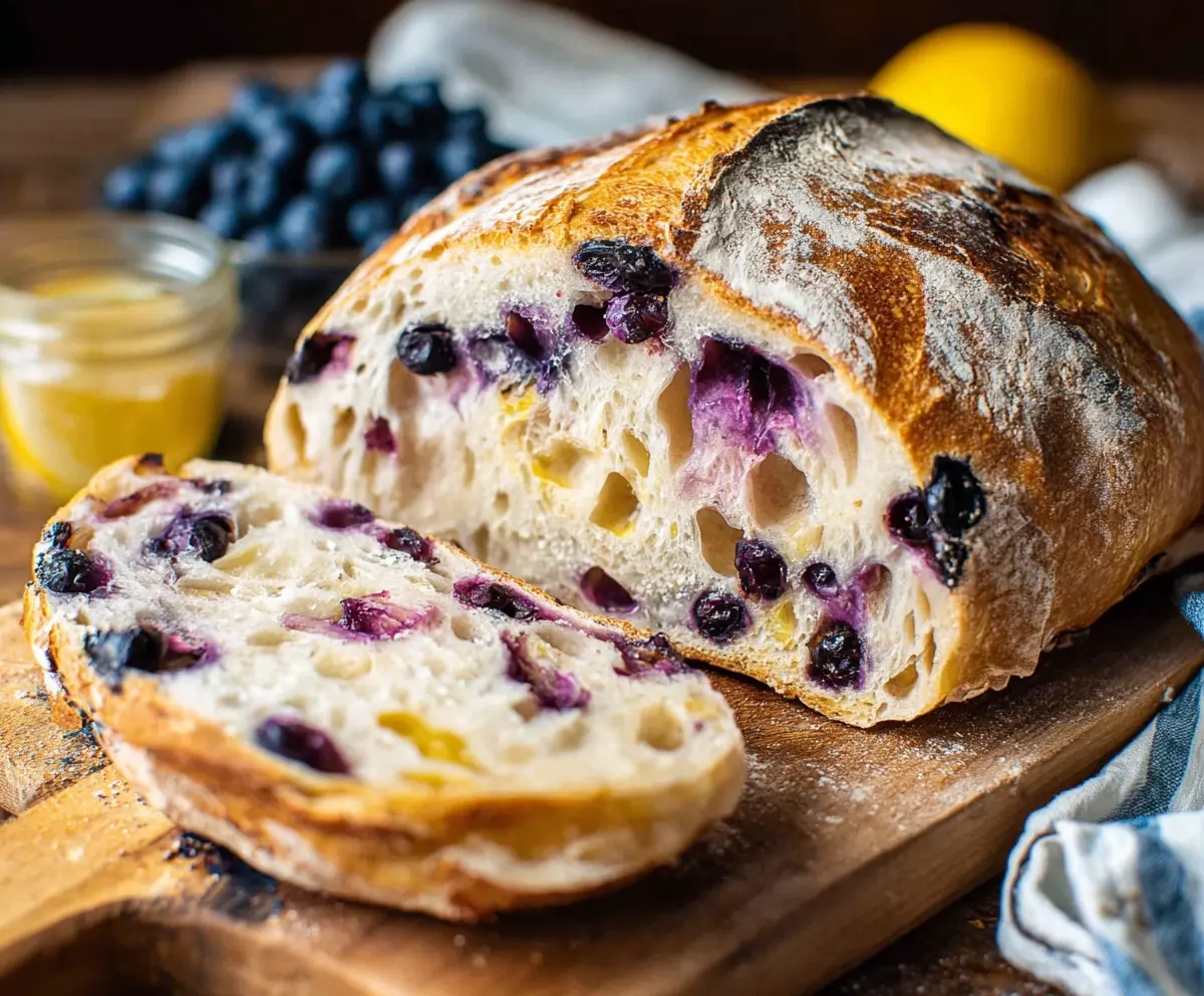 Slices of freshly baked blueberry lemon sourdough bread on a wooden cutting board.