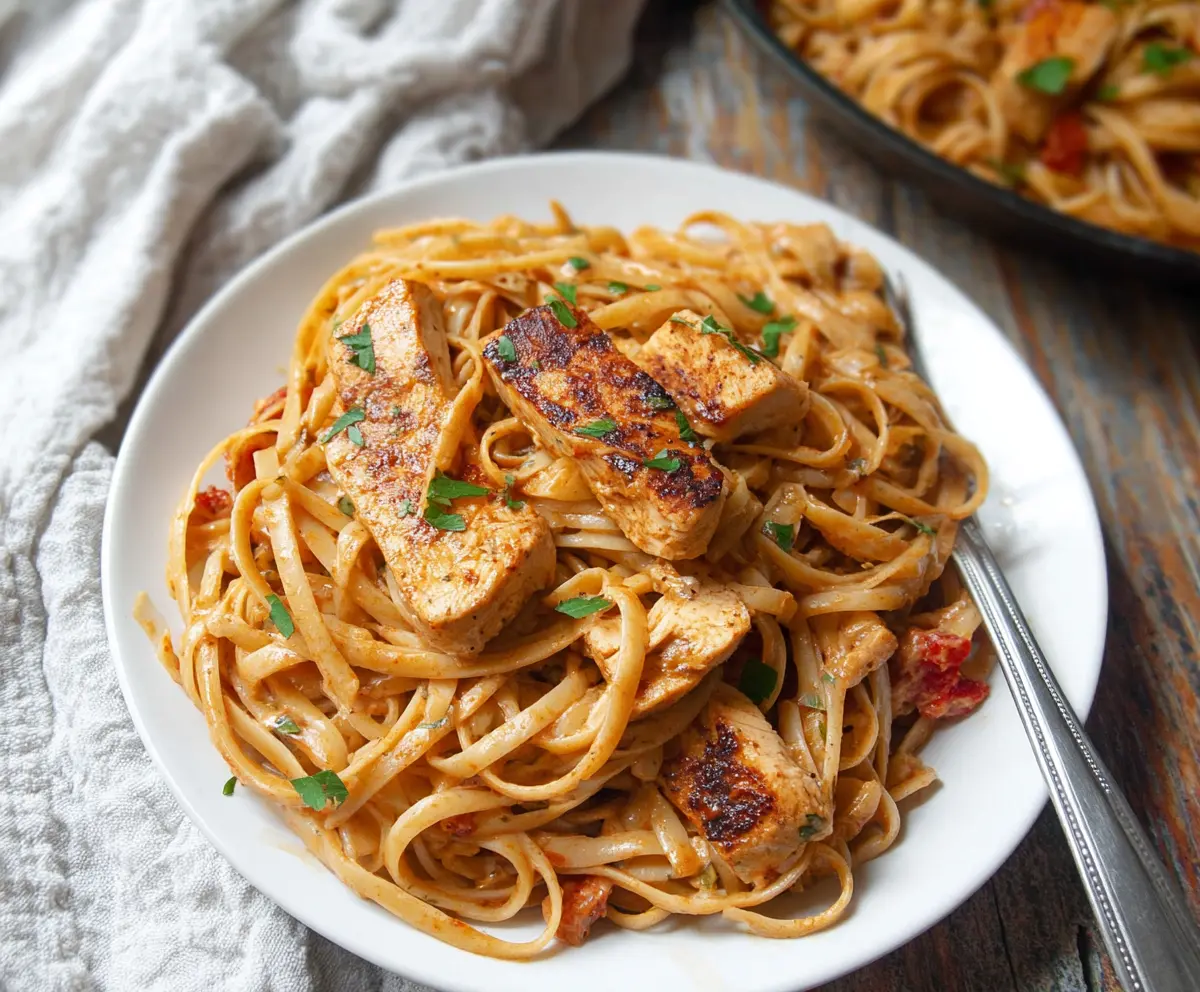 Delicious Cajun Chicken Spaghetti dish with spicy seasonings and fresh ingredients
