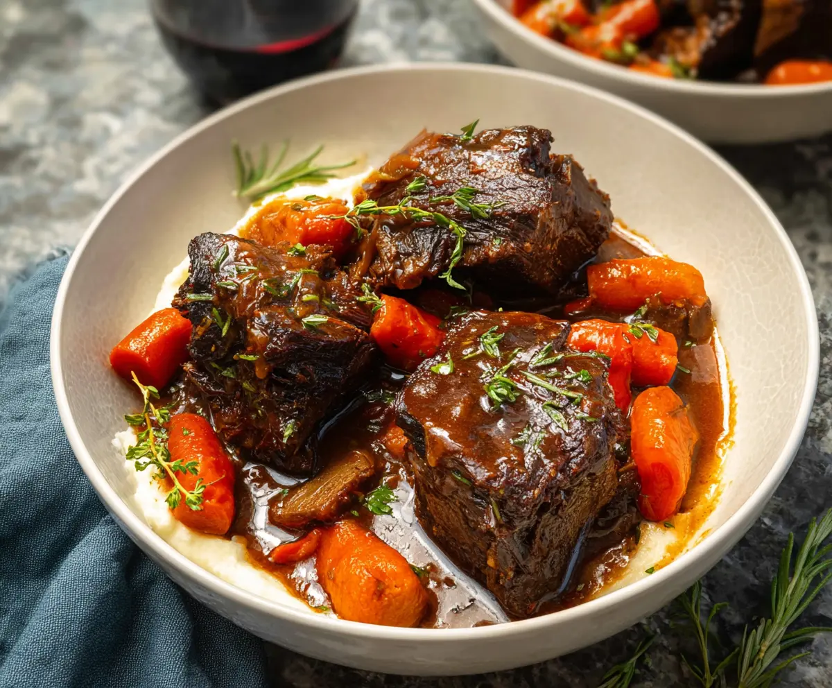 Delicious braised short ribs served with vegetables and rich gravy, perfect for a hearty meal.