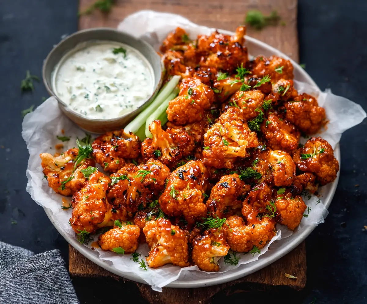 Vegan Buffalo Cauliflower Wings served with celery sticks and blue cheese dip