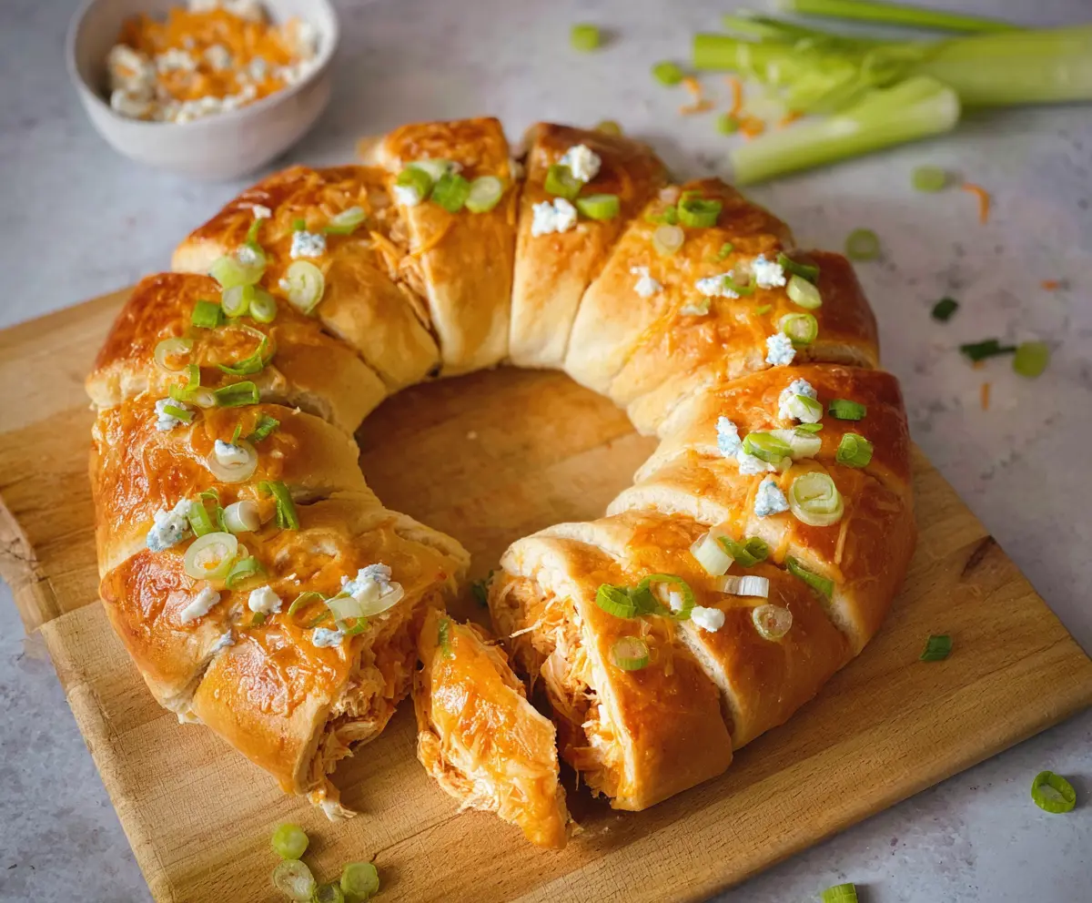 Delicious Buffalo Chicken Crescent Roll Ring appetizer with spicy sauce and melted cheese.