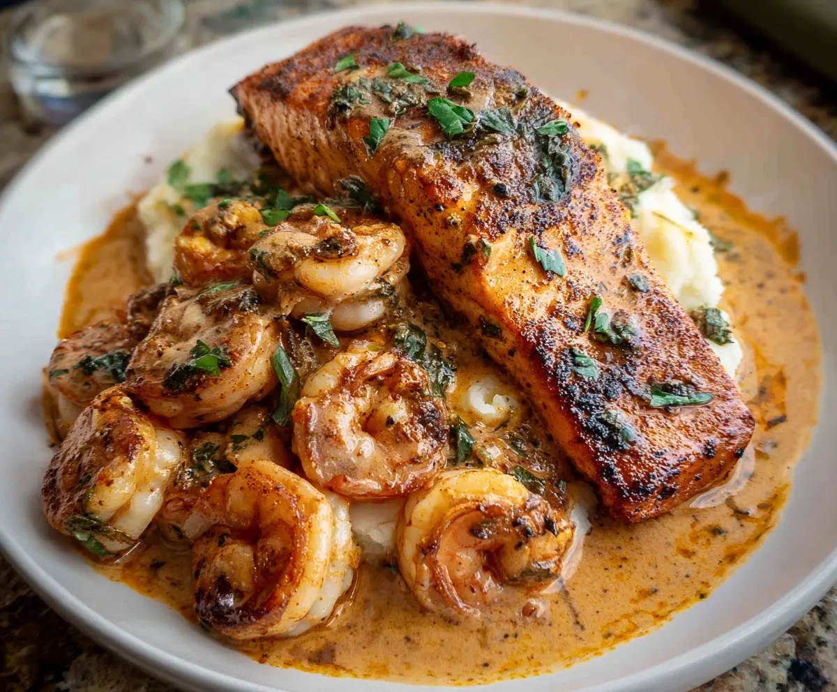 Delicious Cajun Salmon and Shrimp served on a plate, garnished with fresh herbs.