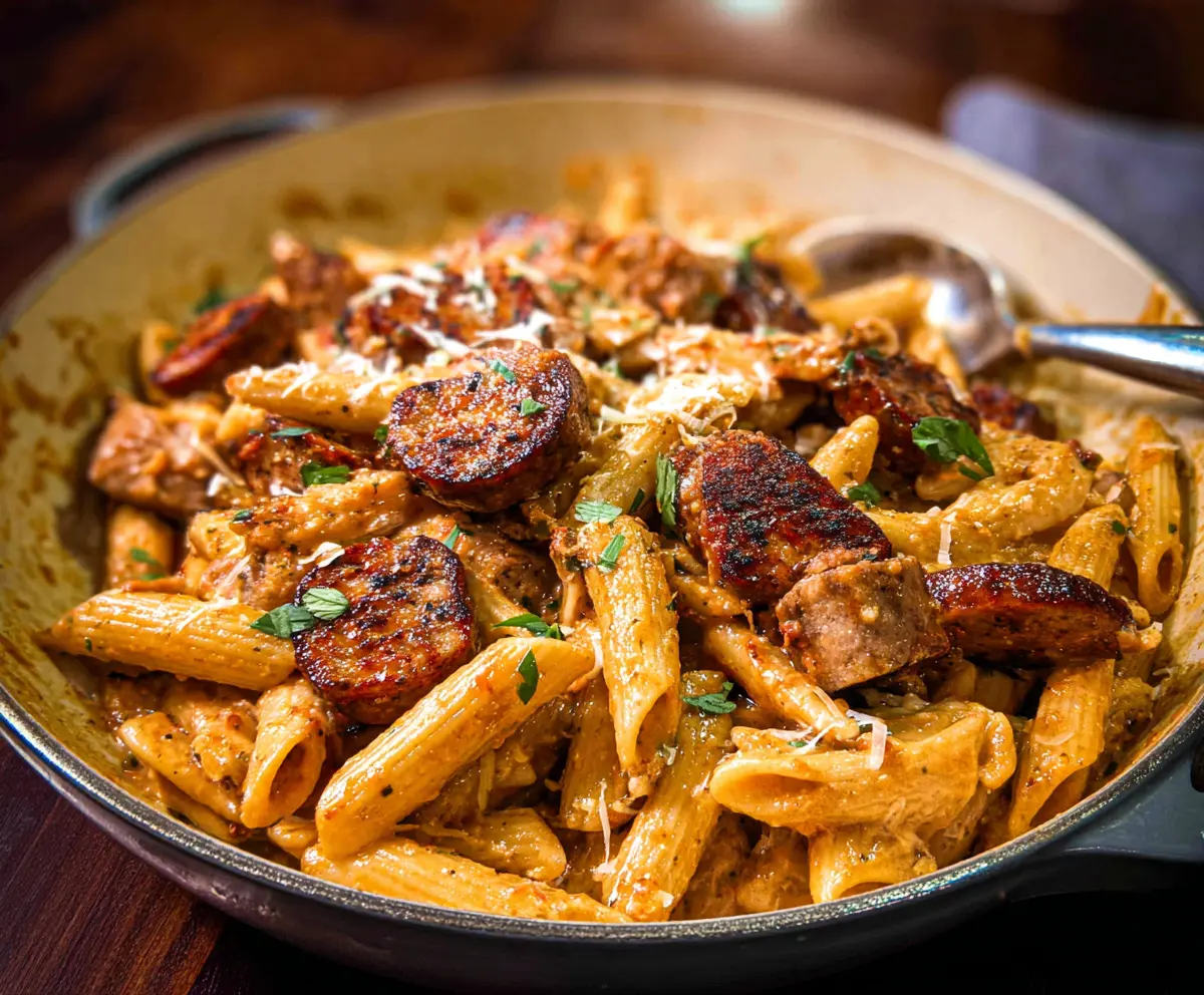 Delicious Cajun sausage pasta dish with spicy seasonings and creamy sauce