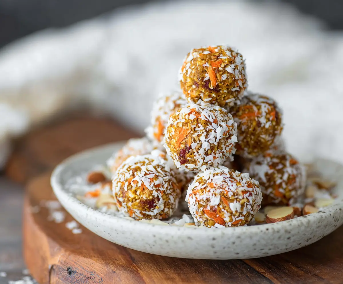 Delicious Carrot Cake Energy Bites with shredded carrots and coconut in a close-up shot.