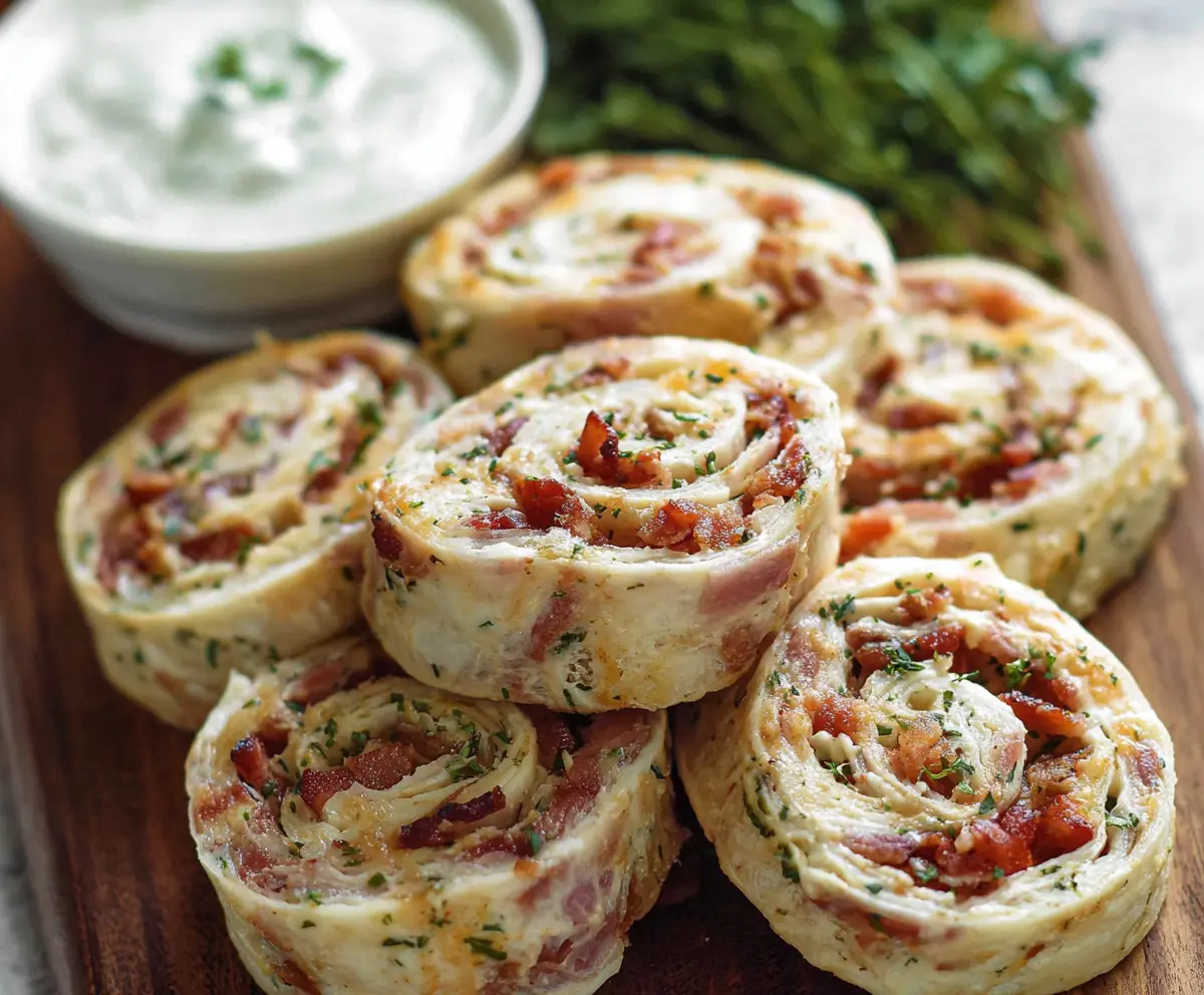 Delicious Chicken Bacon Ranch Pinwheels sliced and served on a plate, showcasing flaky pastry filled with savory chicken, crispy bacon, and creamy ranch dressing.