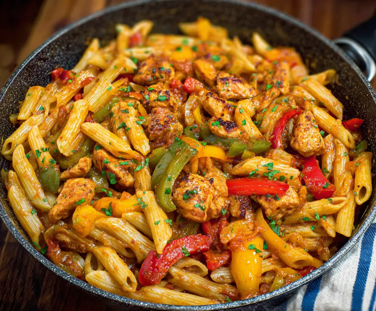 Delicious Chicken Fajita Pasta with colorful vegetables and melted cheese