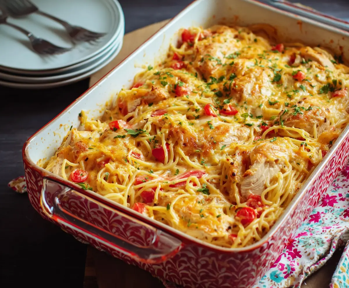 Delicious Chicken Spaghetti Bake with melted cheese and savory chicken in a casserole dish.