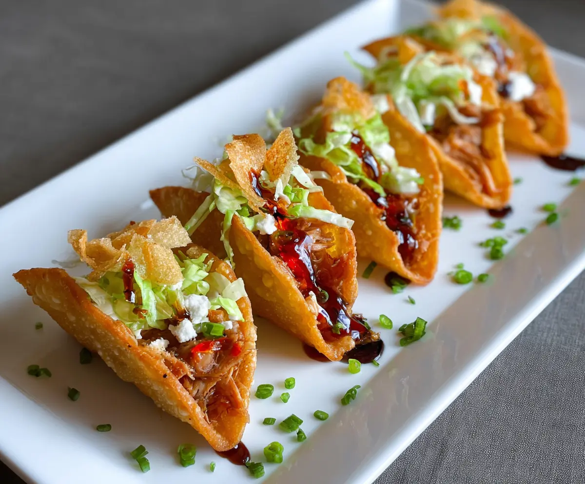 Delicious Chicken Wonton Tacos topped with fresh vegetables and sauce, served on a plate.