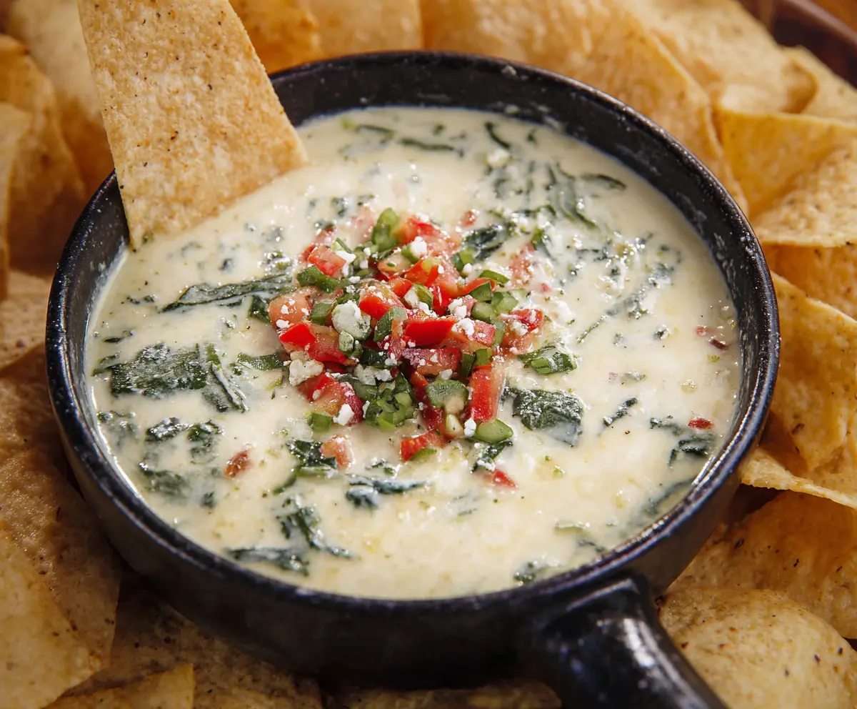 Creamy White Spinach Queso with melted cheese and fresh spinach, perfect for dipping at parties.