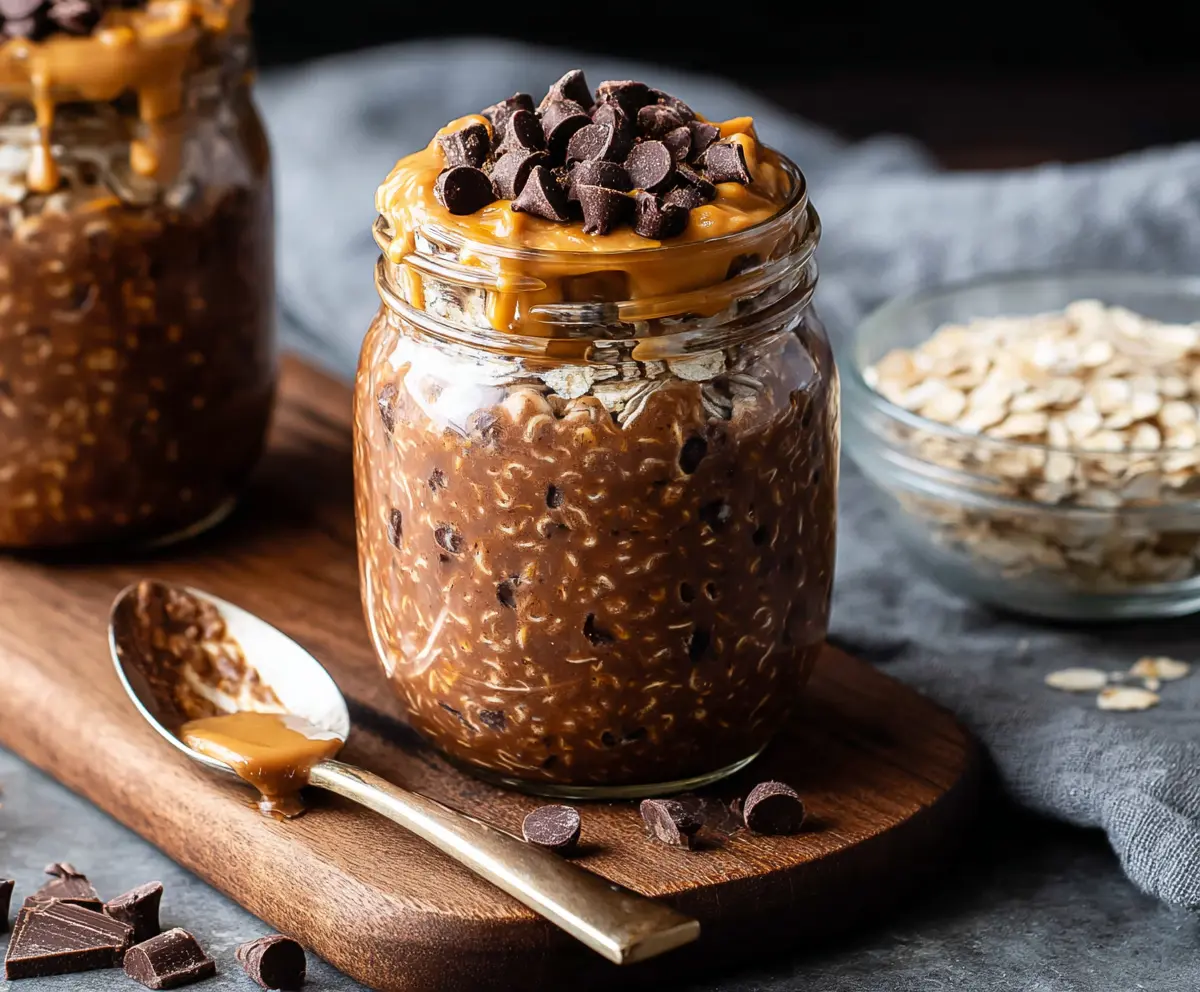 Delicious Chocolate Peanut Butter Overnight Oats in a glass jar with chocolate shavings and peanut butter on top.