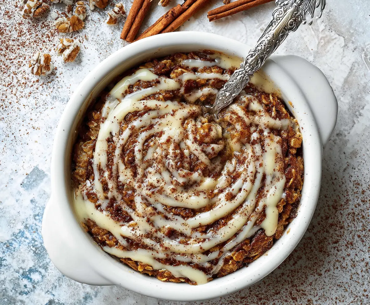 Delicious cinnamon roll baked oatmeal served in a baking dish with swirls of cinnamon and oatmeal topping.