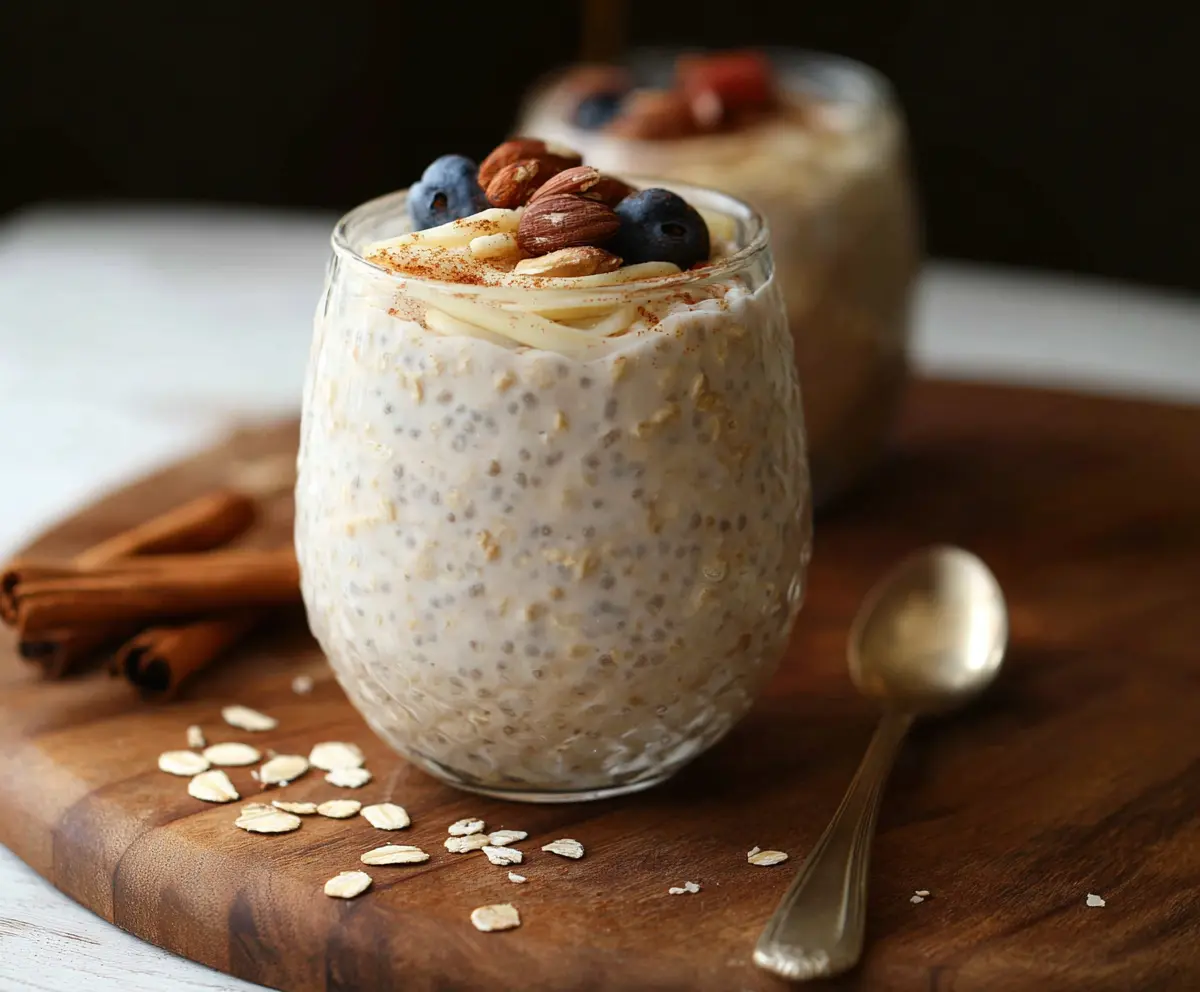 Creamy cinnamon vanilla overnight oats in a glass jar topped with fresh berries and chia seeds