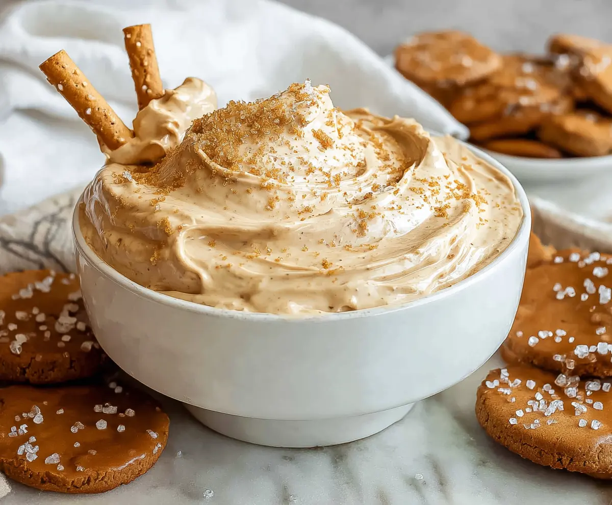 Creamy cookie butter dip served with cookies and snacks for a delicious dessert or snack.