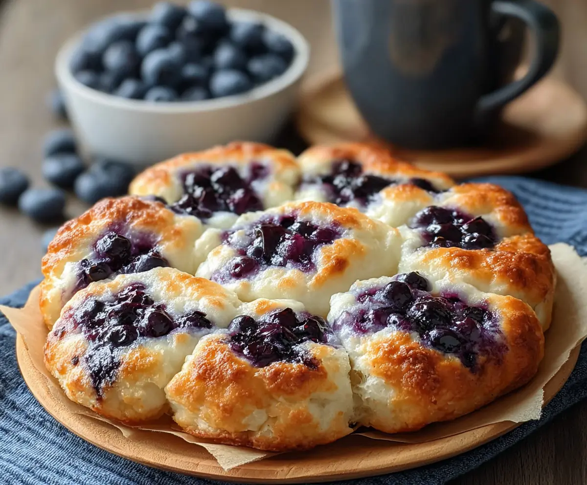 Delicious cottage cheese blueberry cloud bread on a serving plate with fresh blueberries and mint garnish.