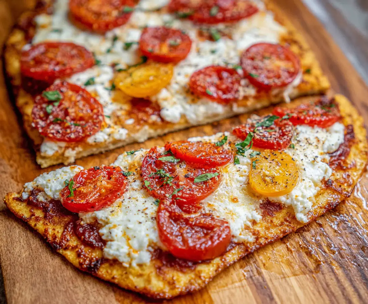 Delicious cottage cheese flatbread pizza topped with fresh herbs and vegetables