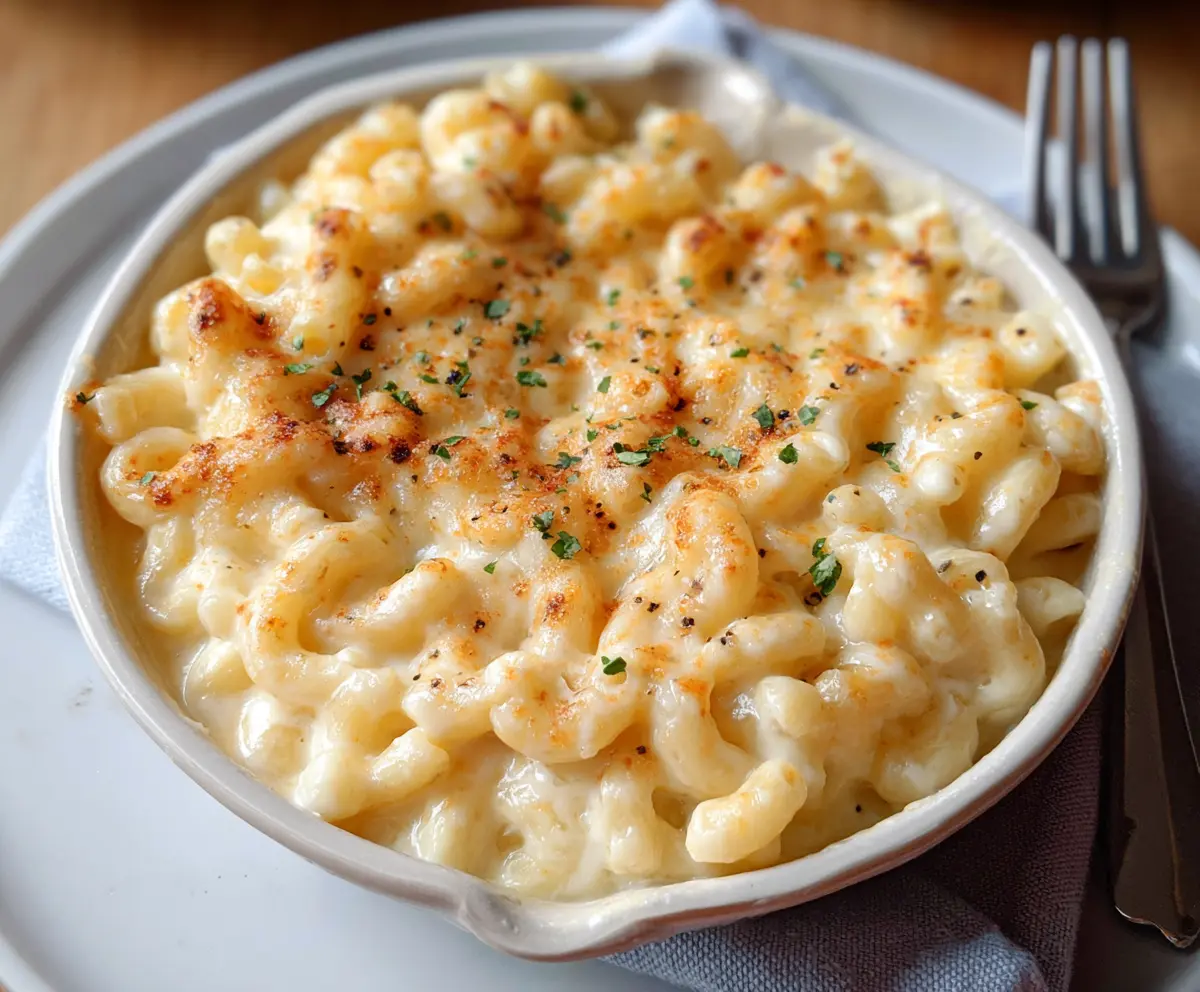 Creamy cottage cheese mac and cheese served in a bowls, garnished with herbs.