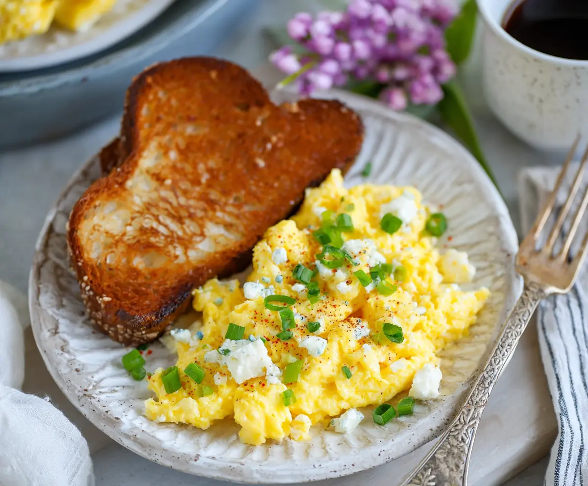 Creamy cottage cheese scrambled eggs served on a plate, perfect for a healthy breakfast.