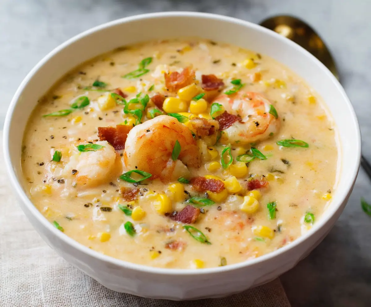 Delicious creamy shrimp and corn chowder served in a bowl with fresh herbs on top.