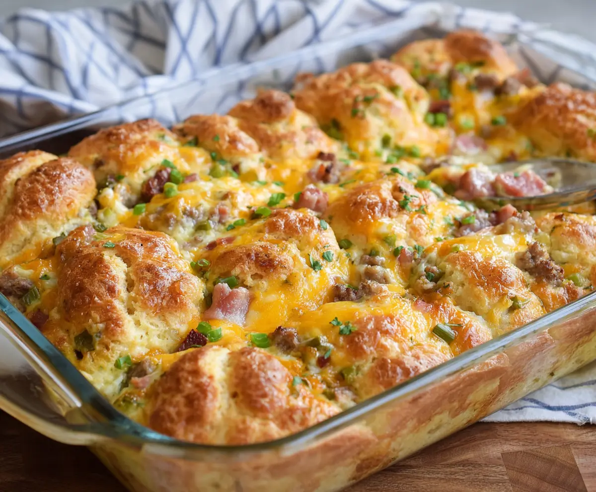 Delicious Crescent Roll Breakfast Casserole with eggs, cheese, and ham in a baking dish