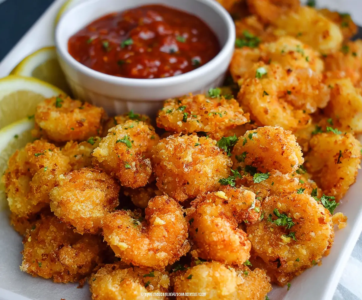 Golden crispy popcorn shrimp served with dipping sauce on a plate.