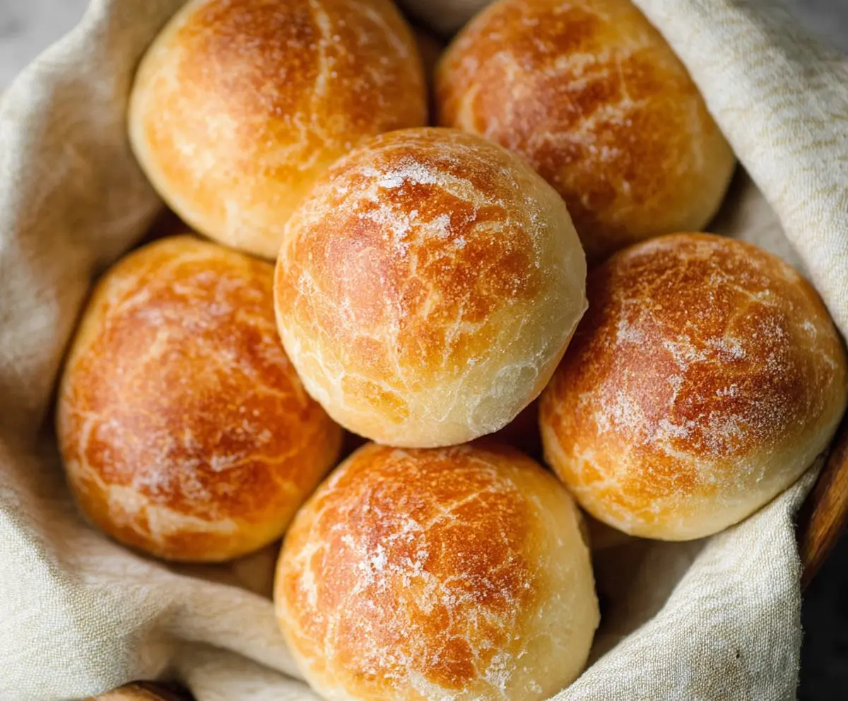 Golden crusty sourdough dinner rolls on a rustic wooden table