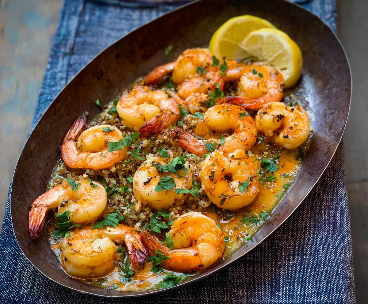 Succulent Cuban Mojo Shrimp served with fresh herbs and citrus slices on a rustic plate