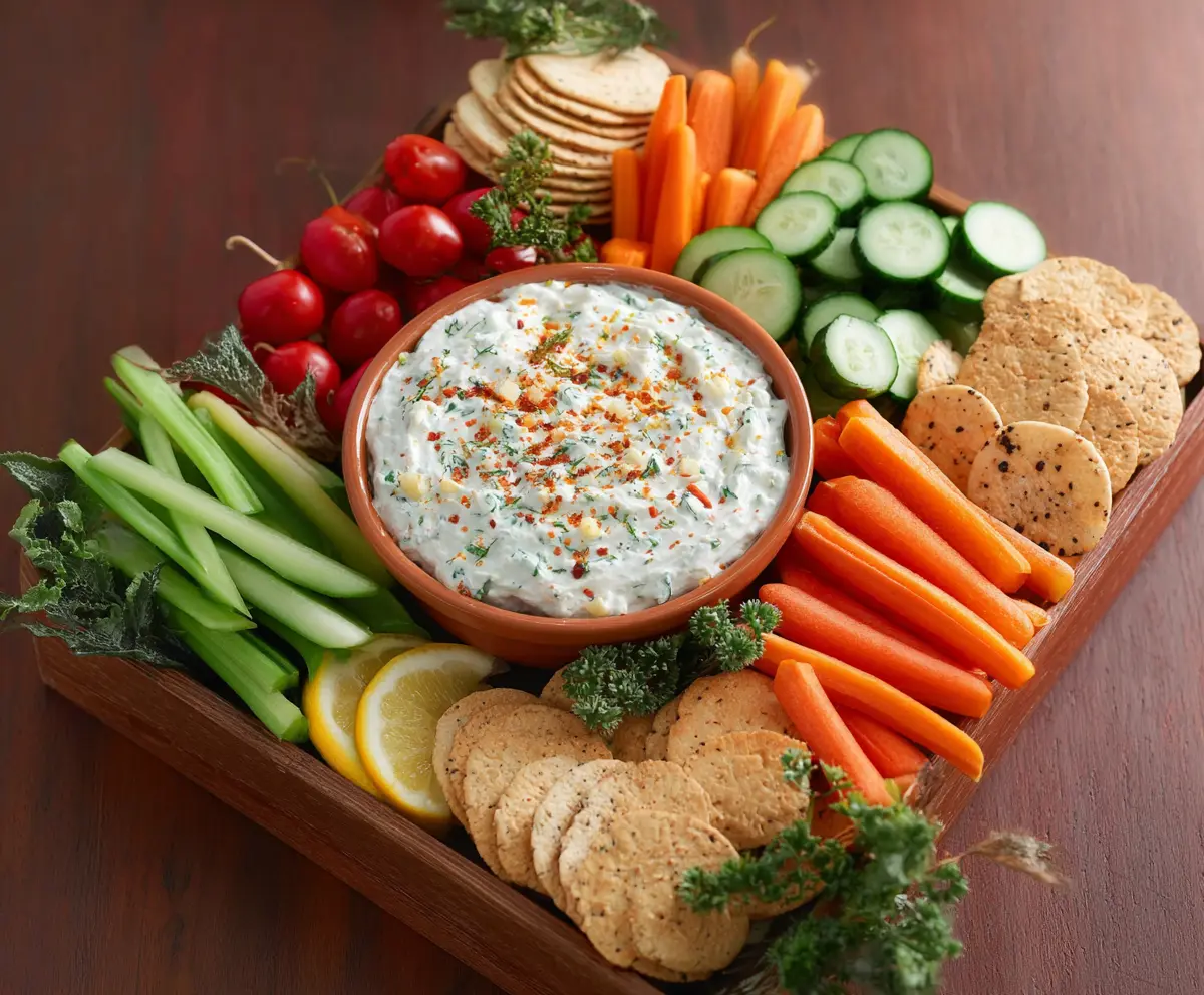 Colorful veggie platter with fresh vegetables and creamy dip, perfect for snacking and parties.