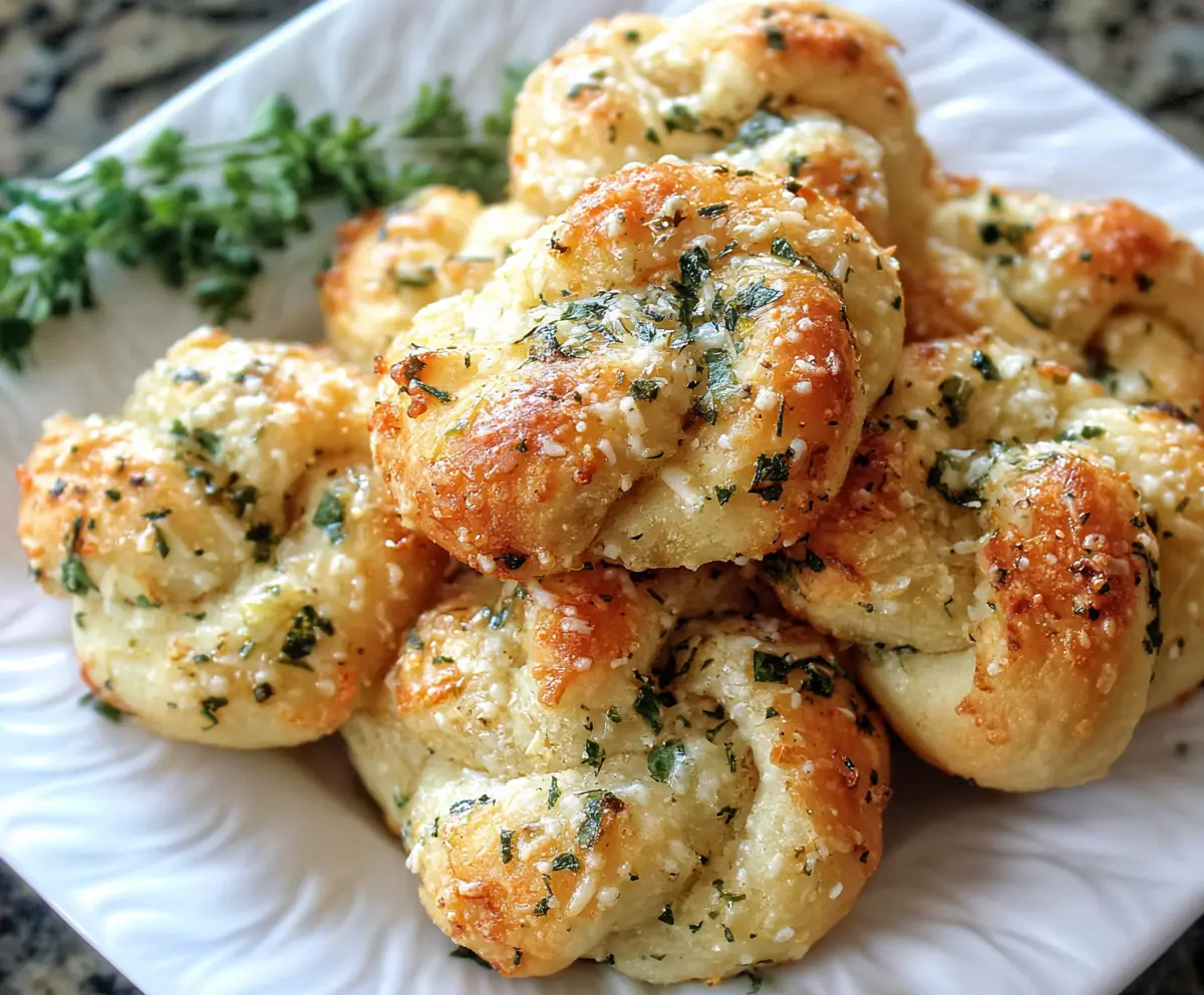 Freshly baked garlic Parmesan knots on a wooden board, garnished with herbs.