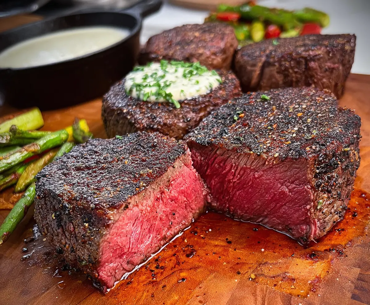 Juicy, perfectly cooked filet mignon with a golden crust on a white plate.