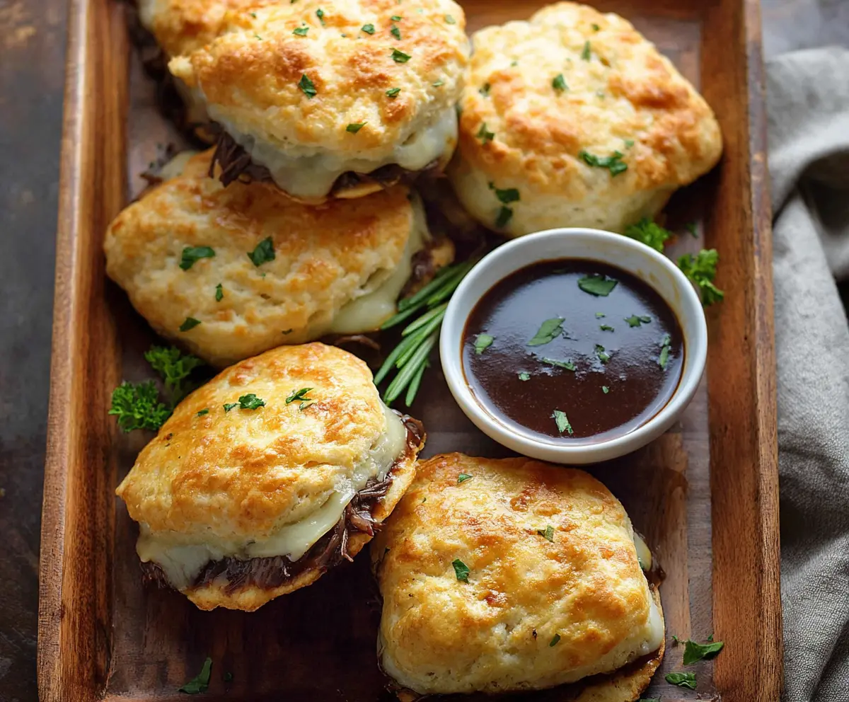 Savory French Dip Biscuits served with tender roast beef and melted cheese