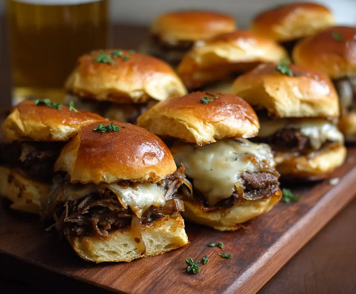Delicious French Onion Beef Sliders with melted cheese and caramelized onions on fresh buns