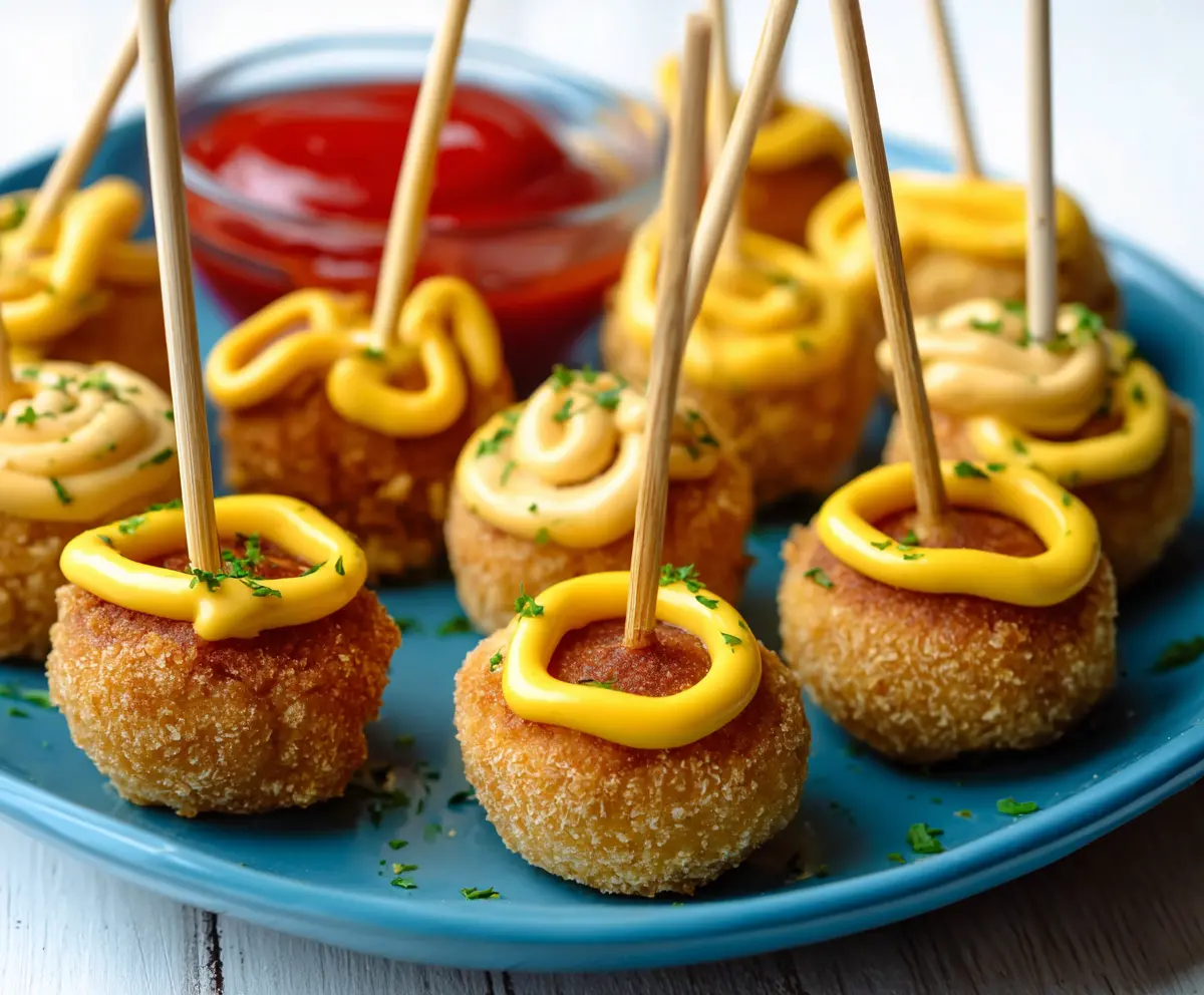 Plate of crispy vegan corndog bites perfect for game day snacking.