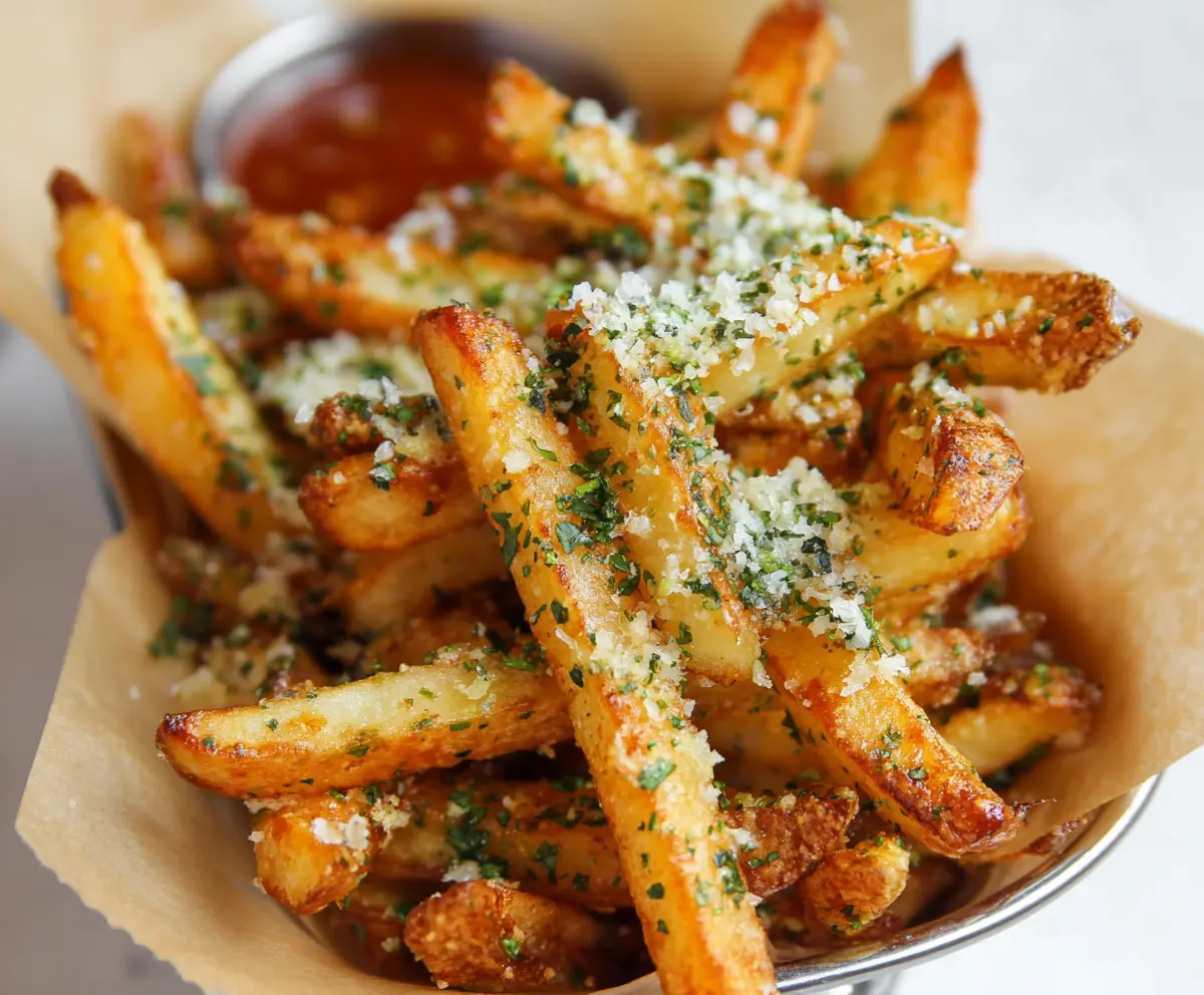 Crispy garlic and Parmesan fries served with fresh herbs, perfect for a flavorful snack or side dish.